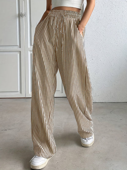 Wide striped pants for ladies with elastic waistband and pockets Chic and Style