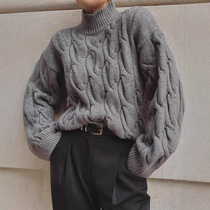 Pull en grosse maille pour femmes avec un col haut et un design de tresse romantique Chic und Stil