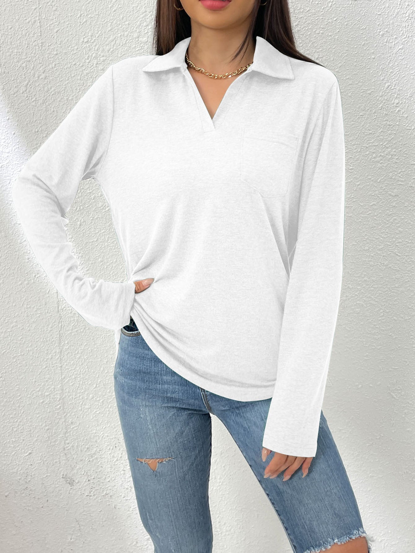 Blouse à manches longues pour femmes avec col moderne et poche poitrine Chic und Stil