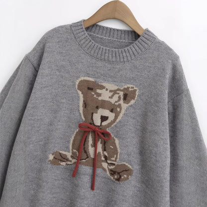 Damen pull en tricot avec motif adorable d'ours et bande décorative à nouer Chic und Stil