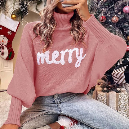 Pull à col roulé surdimensionné pour femmes avec inscription festive Chic und Stil