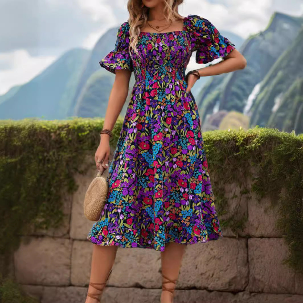 Robe maxi smockée bohème florale pour femmes Chic und Stil