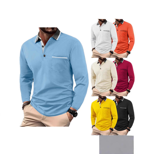 Men's long sleeve polo with textured collar and chest pocket Chic and Style