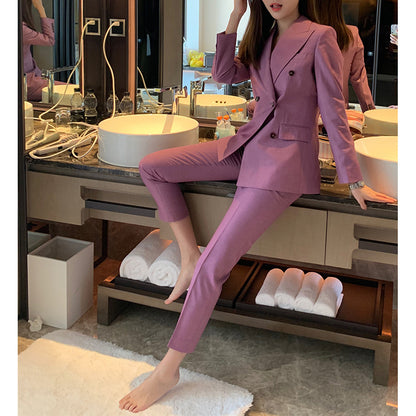 Chic and Stylish Women's Double-Breasted Fitted Blazer and Pants Set