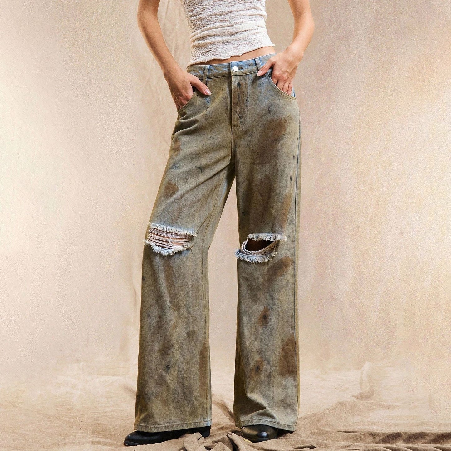 Dames jeans larges tendance avec déchirures et bords effilochés Chic und Stil