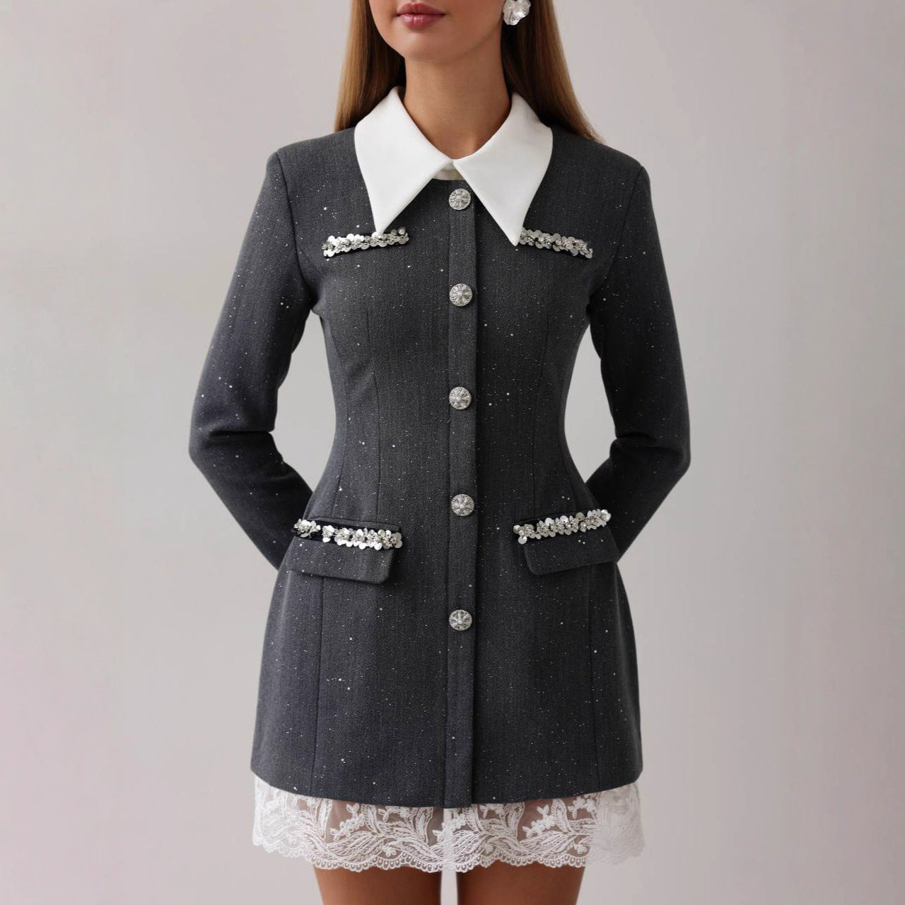 Dames blazer élégant avec des détails romantiques en volants Chic und Stil