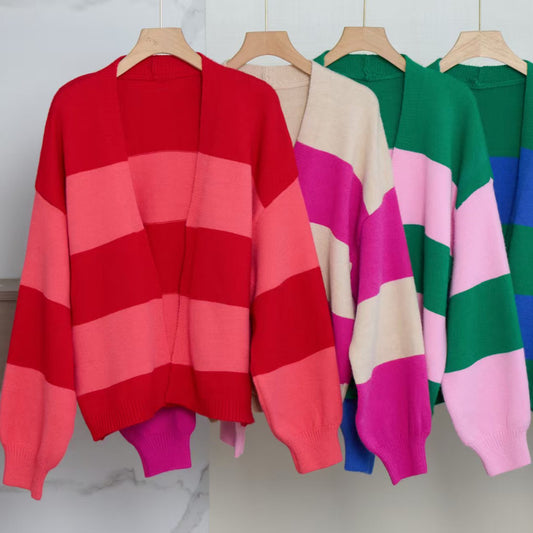 Dames Cardigan en tricot tendance avec larges rayures et coupe décontractée Chic und Stil