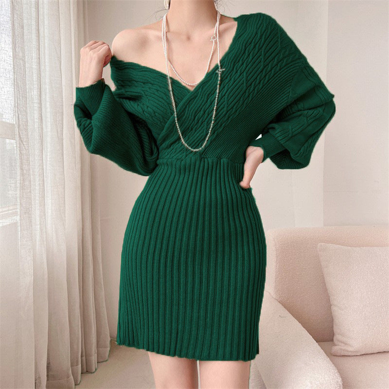 Dames Élégante robe en tricot avec décolleté en V et haut texturé Chic und Stil