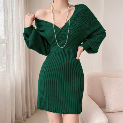 Dames Élégante robe en tricot avec décolleté en V et haut texturé Chic und Stil