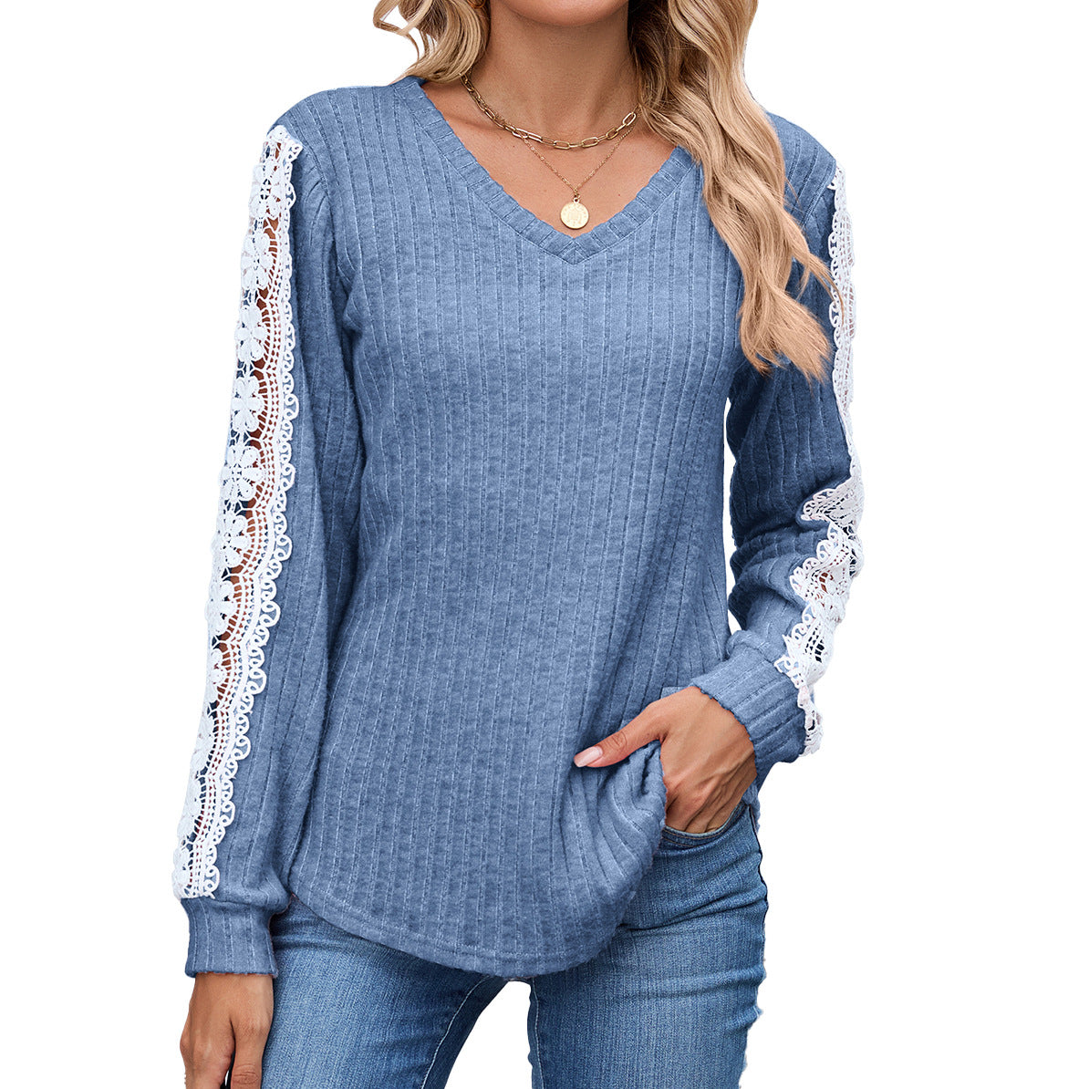 Dames Pull V-Ajusté à Col en V avec Détails en Dentelle Chic und Stil