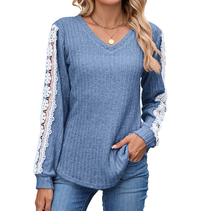 Dames Pull V-Ajusté à Col en V avec Détails en Dentelle Chic und Stil