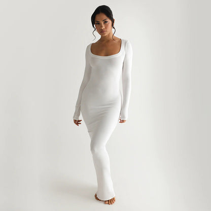 Dames Élégante robe longue avec décolleté en U profond et manches longues Chic und Stil