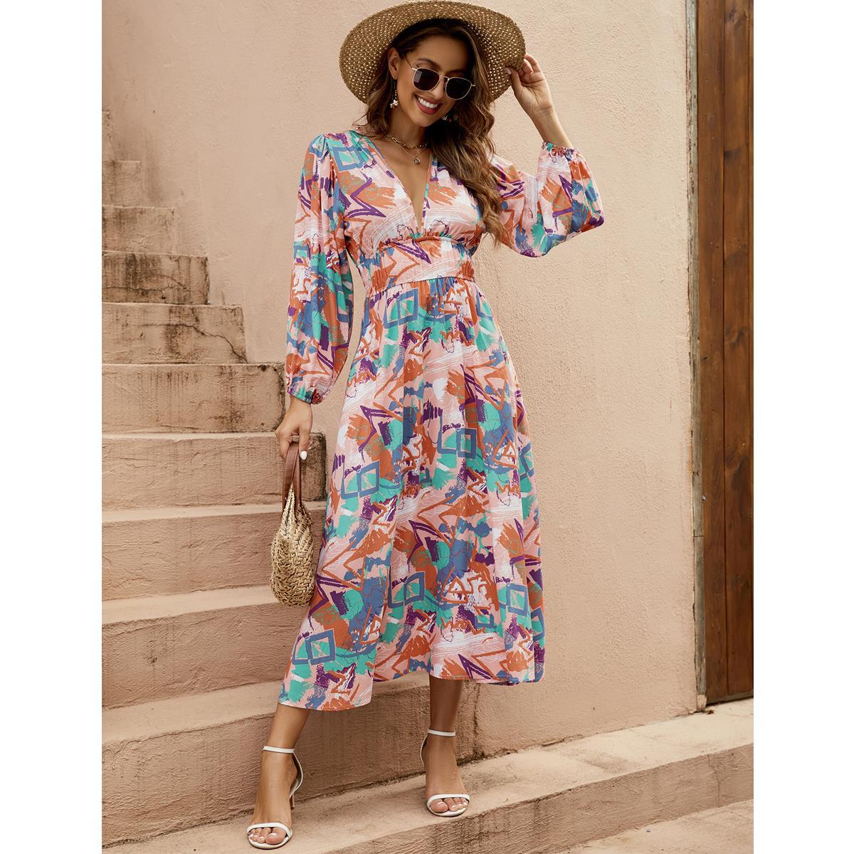 Robe maxi élégante pour dames avec décolleté en V profond et manches volumineuses Chic und Stil