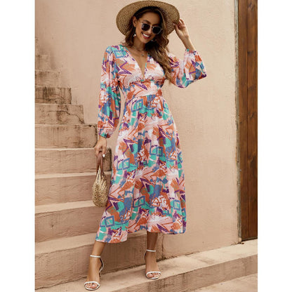 Robe maxi élégante pour dames avec décolleté en V profond et manches volumineuses Chic und Stil
