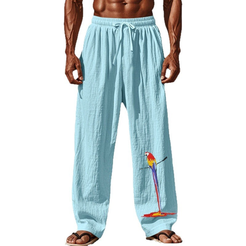 Casual beach pants for men with elastic waistband and colorful bird pattern Chic and Style