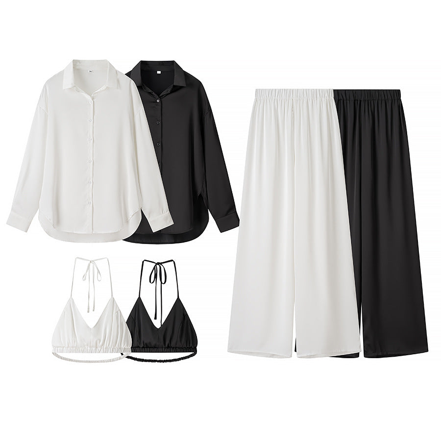 Women's set consisting of an elegant blouse, comfortable palazzo pants, and a trendy bralette Chic und Stil