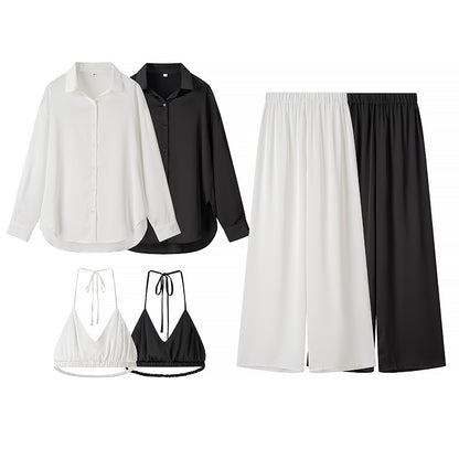 Women's set consisting of an elegant blouse, comfortable palazzo pants, and a trendy bralette Chic und Stil