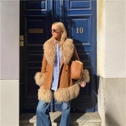 Dames Élégant Teddy Jacket avec ceinture à la taille et col volumineux Chic und Stil