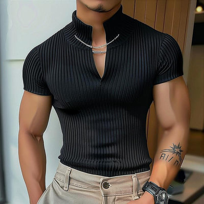 Chemisier à manches courtes pour femmes avec décolleté en V et motif côtelé structuré Chic und Stil