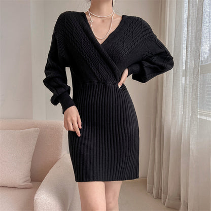 Dames Élégante robe en tricot avec décolleté en V et haut texturé Chic und Stil