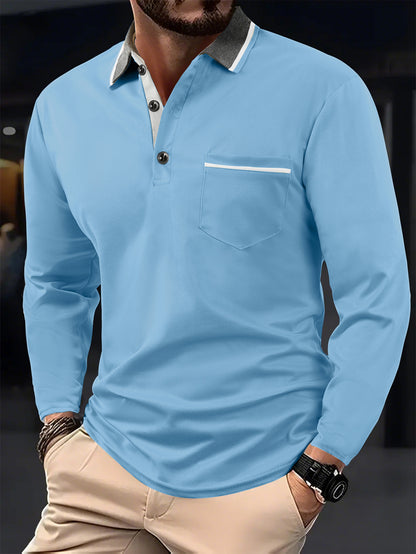 Men's long sleeve polo with textured collar and chest pocket Chic and Style
