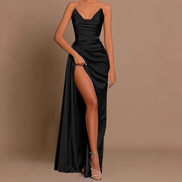 Dames Robe Maxi à Manches Longues Élégante avec Détails Drapés et Fente Haute Chic und Stil