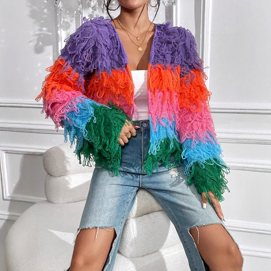 Dames cardigan en tricot à franges colorées avec un motif unique Chic und Stil
