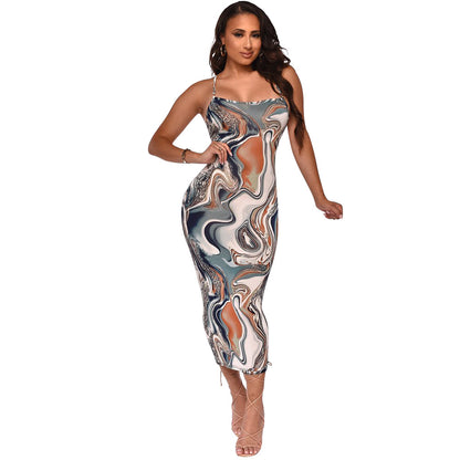 Women's Chic and Elegant Abstract Pattern Fitted Midi Dress