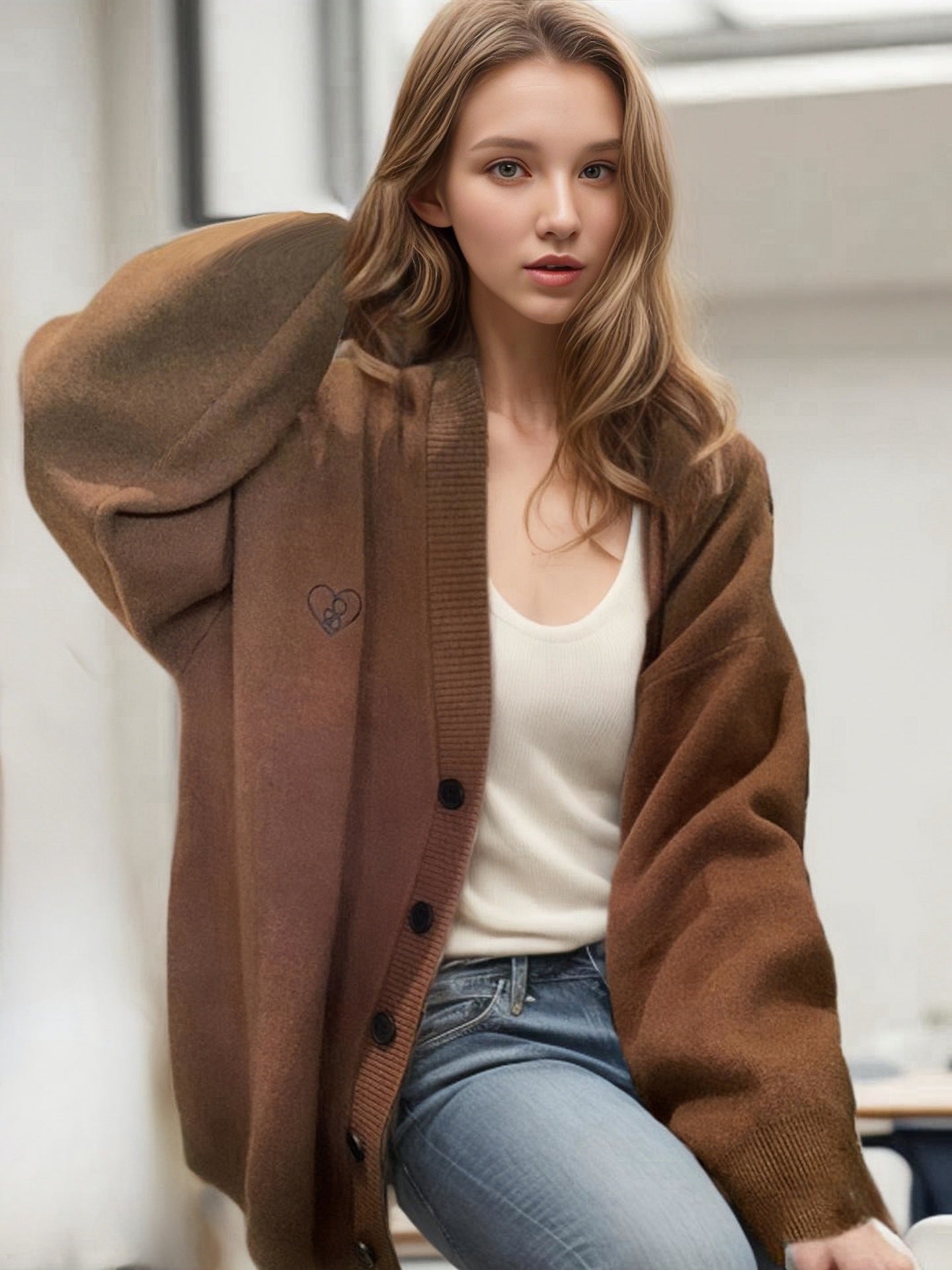 Dames Grobstrick Cardigan avec coupe oversize et motif cœur décoratif Chic und Stil