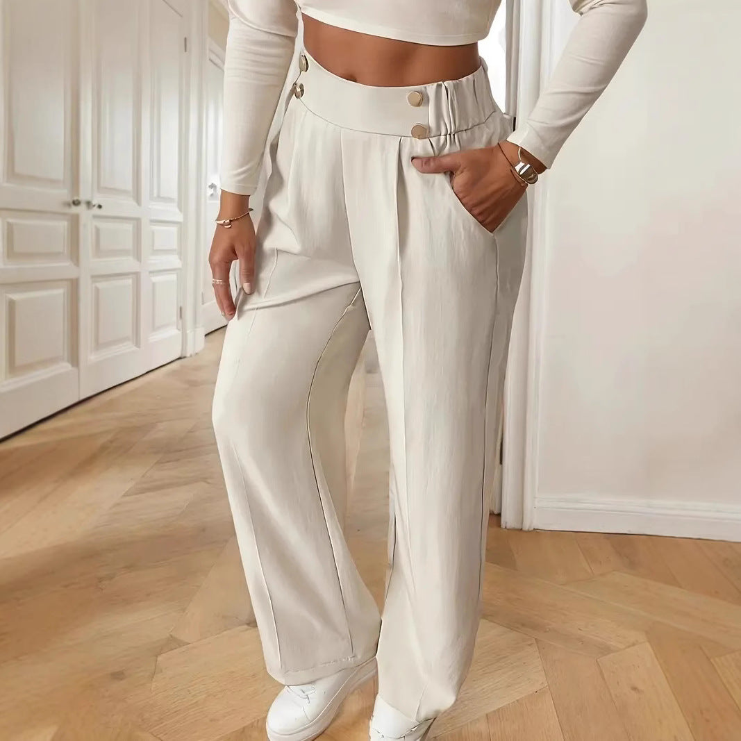 Ladies High-Waisted Wide Leg Pants with Chic and Stylish Button Details