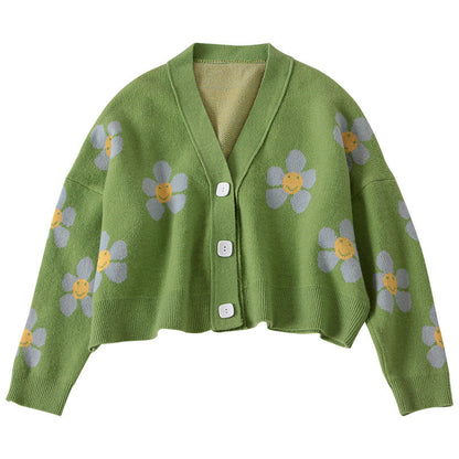 Cardigan en tricot court pour femmes avec motifs floraux et détails de boutons Chic und Stil