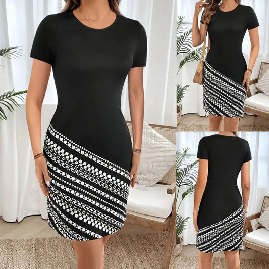 Robe courte ajustée pour femmes avec design graphique et col rond Chic und Stil