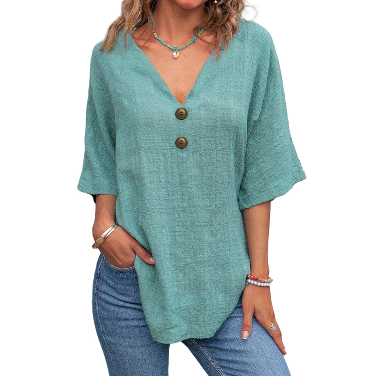 Blouse dames à col en V avec boutons décoratifs et coupe décontractée Chic und Stil