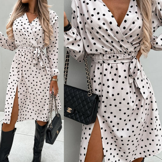 Women's Polka Dot Wrap Dress with High Slit Chic and Style