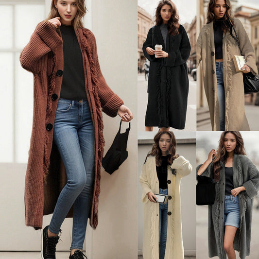 Dames gros cardigan en tricot avec des détails frangés et une coupe ouverte Chic und Stil