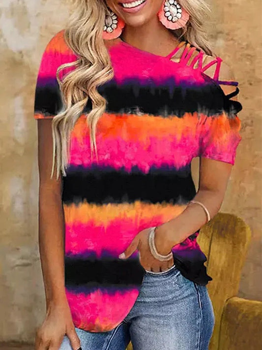 T-shirt asymétrique pour femmes avec coupe à la mode et blocs de couleurs créatifs Chic und Stil