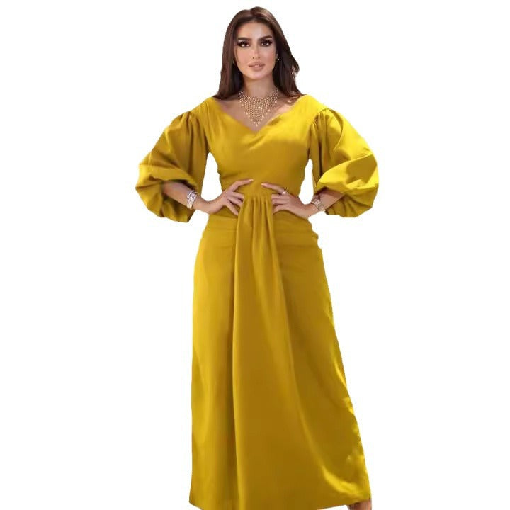 Dames Élégante Robe Maxi avec des Manches Volumineuses et un Drapé Cintré Chic und Stil