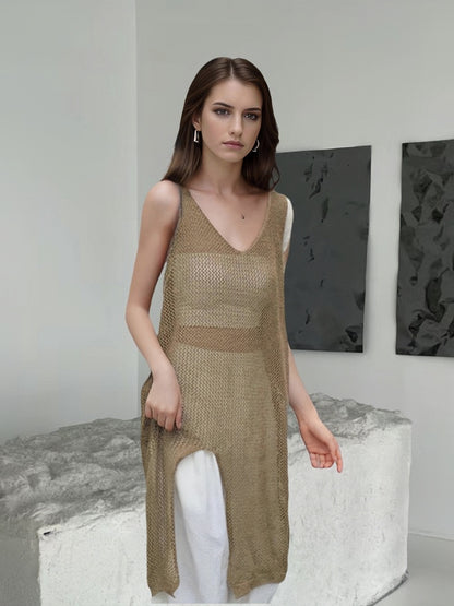 Robe en tricot aérien pour femmes avec fentes latérales et décolleté en V moderne Chic und Stil
