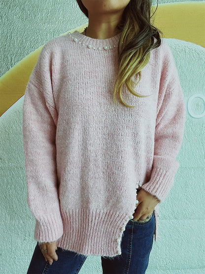 Pull en grosse maille pour femmes avec décolleté à perles et ourlet asymétrique Chic und Stil