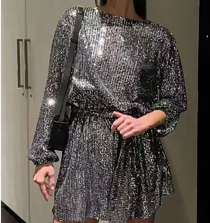 Robe mini scintillante pour femmes à manches longues et tissu brillant Chic und Stil