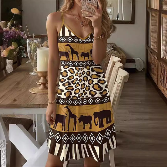 Robe maxi femme avec motif animal créatif et élégant décolleté en V Chic und Stil