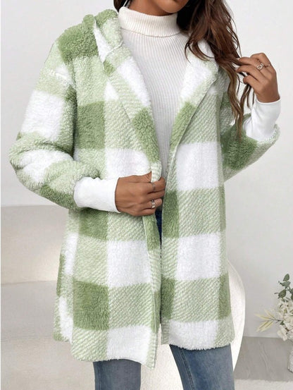 Ladies Cozy Fleece Jacket with Checkered Pattern and Hooded Design Chic and Style