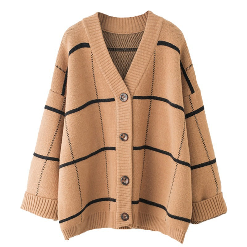 Dames gros tricot cardigan avec un motif à carreaux à la mode et des poches pratiques Chic und Stil