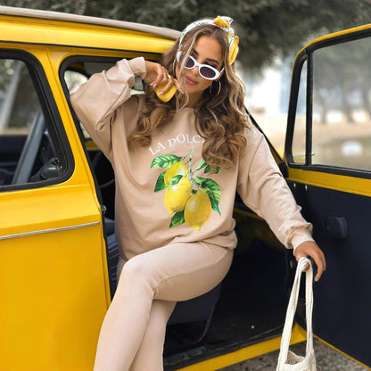 Dames ensemble décontracté avec imprimé fruité et matériau extensible Chic und Stil