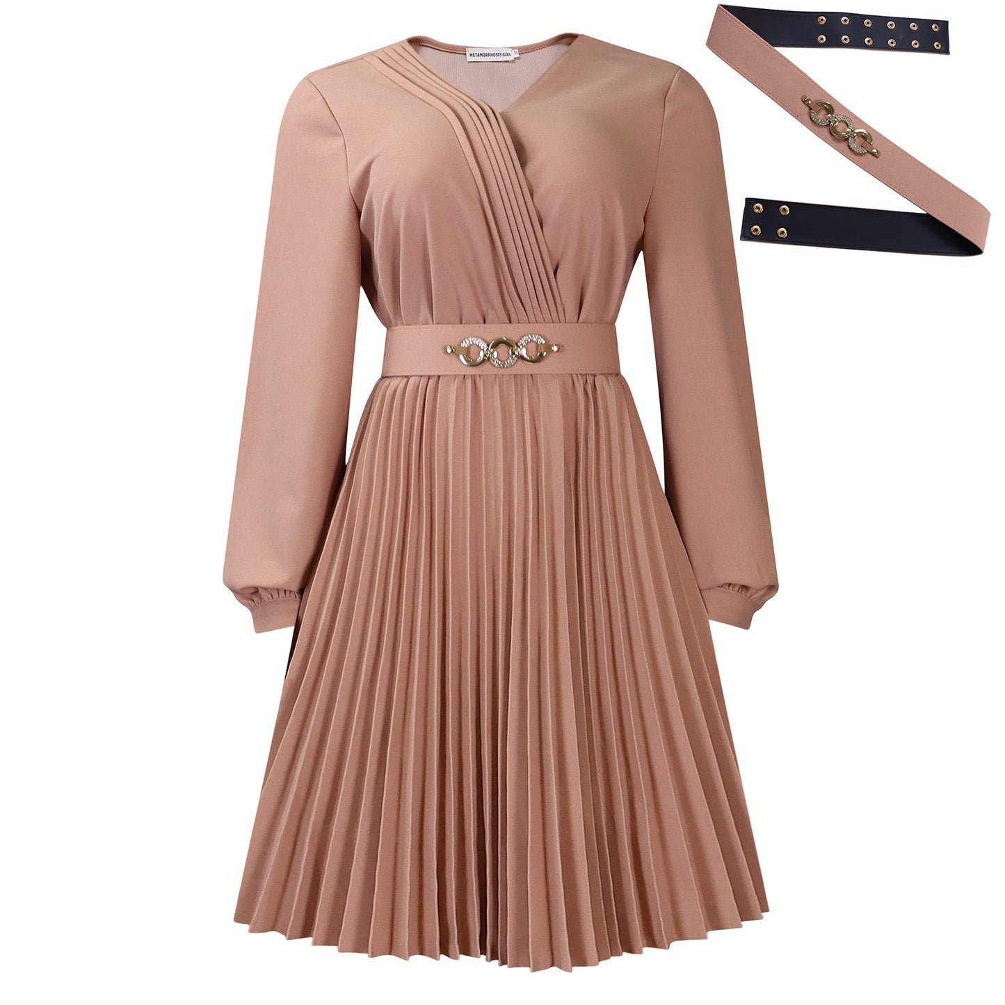 Robe portefeuille plissée pour femmes avec ceinture et élégante broche Chic und Stil