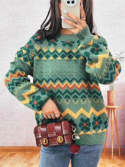 Dames gros tricot pull avec motif zigzag coloré et accents floraux Chic und Stil