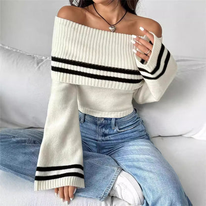 Dames Off-Shoulder Crop-Pullover avec des rayures décontractées Chic und Stil