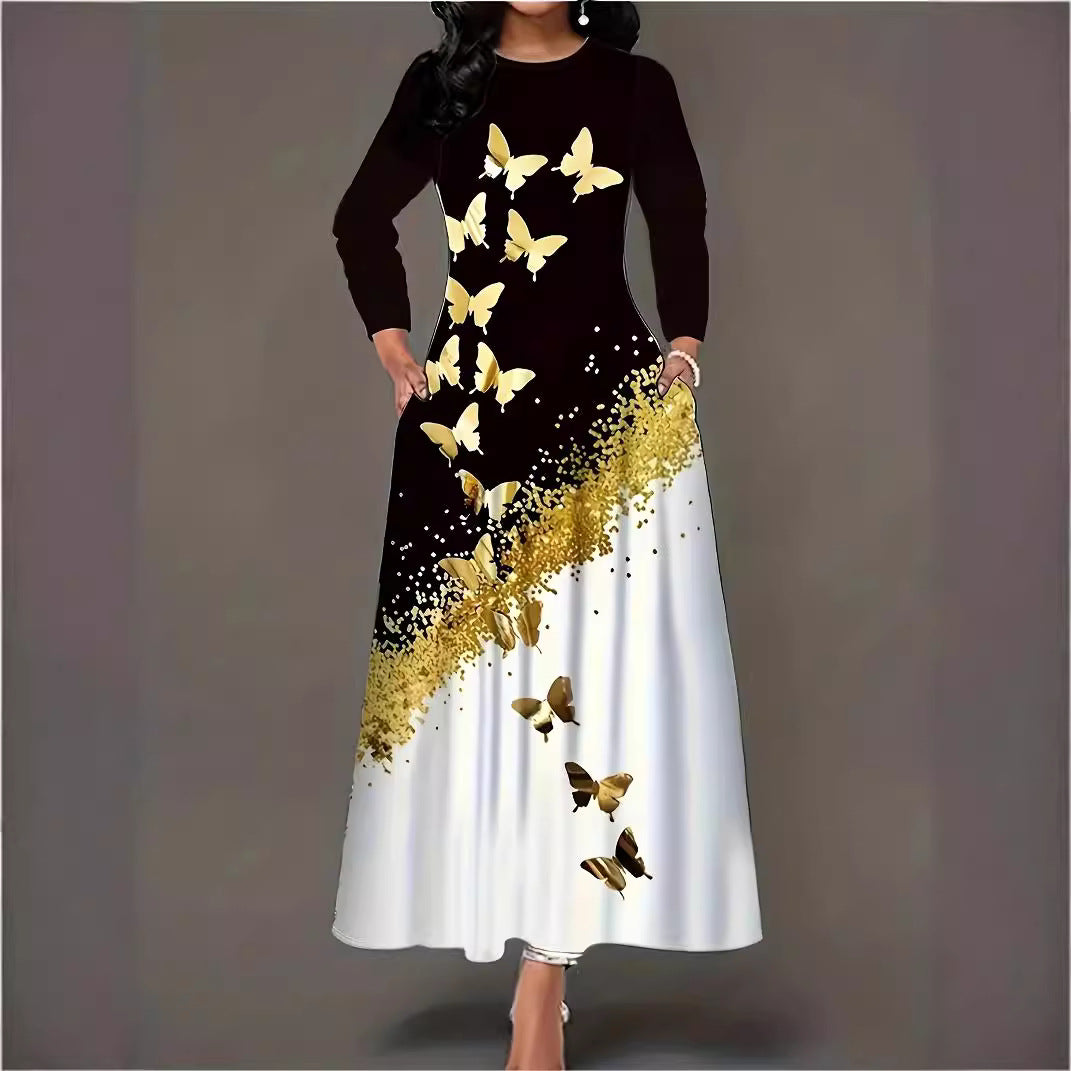 Robe maxi pour femmes avec un motif de papillon élégant et un accent doré étincelant Chic und Stil