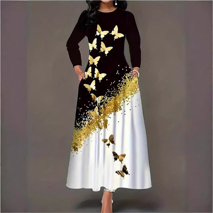 Robe maxi pour femmes avec un motif de papillon élégant et un accent doré étincelant Chic und Stil