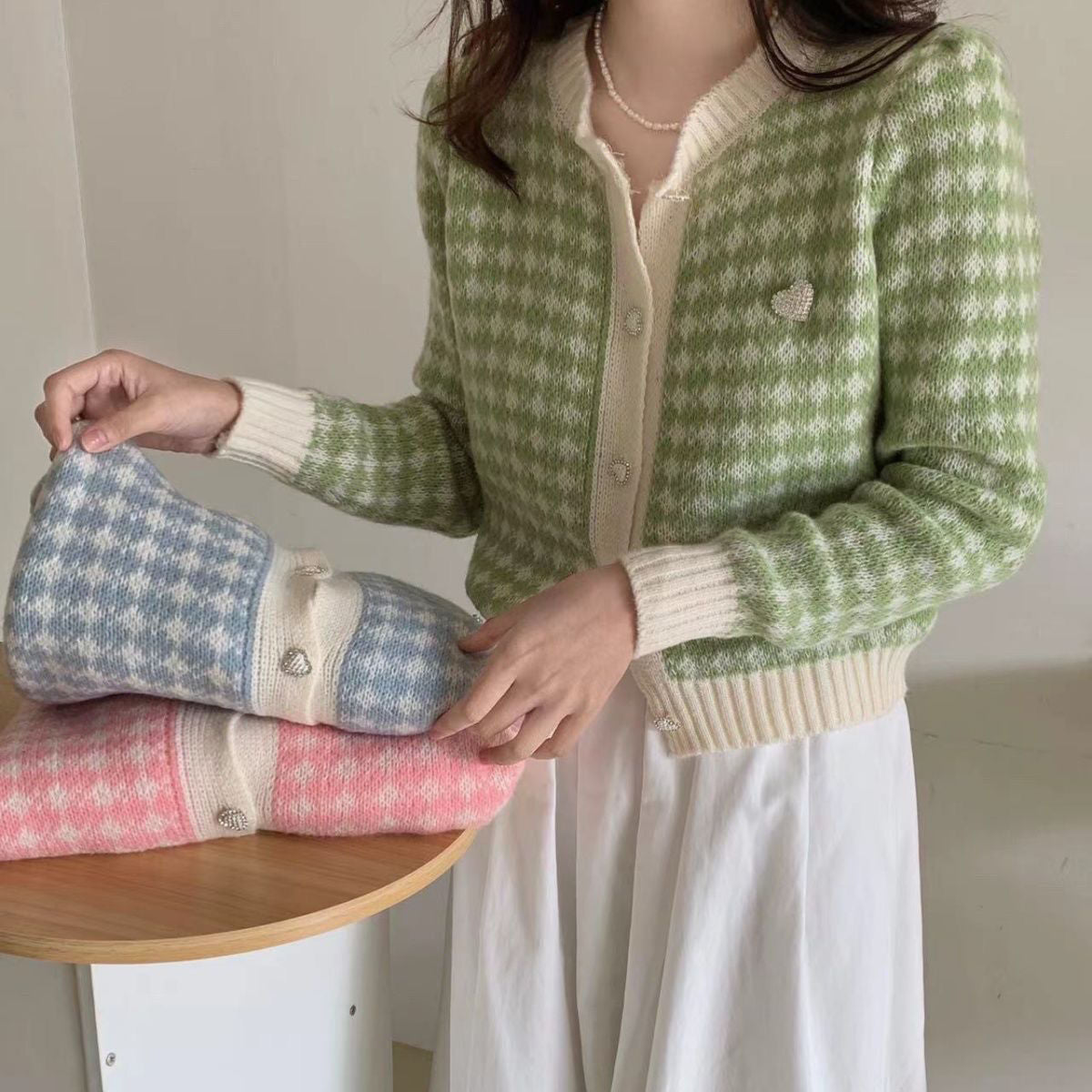 Dames pull-overs en maille à boutons en tartan Chic und Stil